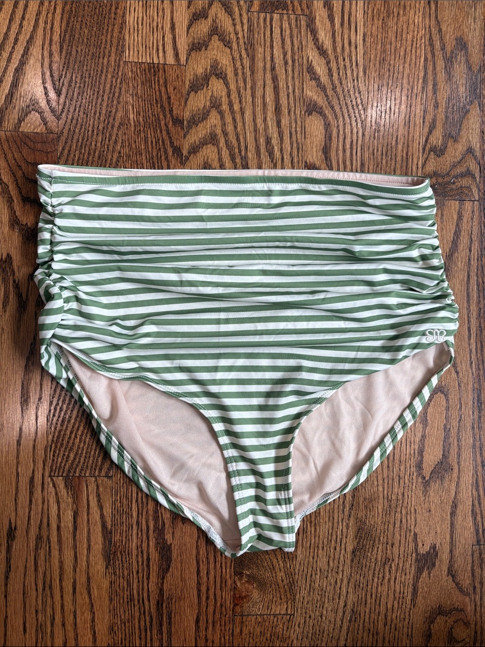 Albion SAGE STRIPE RUCHED HIGH-WAISTED BOTTOMS, size L. Excellent condition